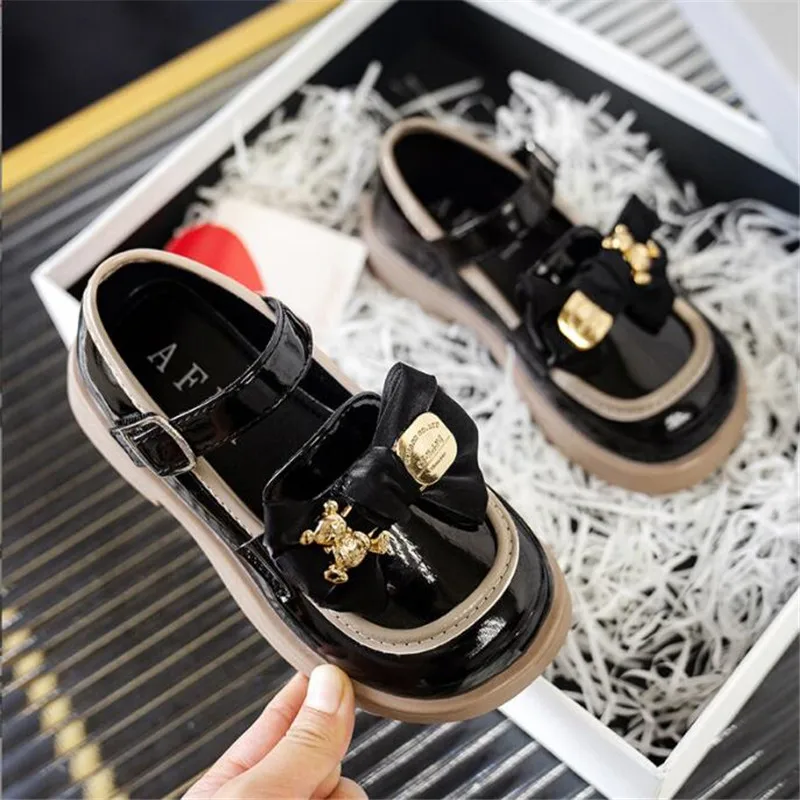 School Girl\'s Mary Janes Bowknot Bear Luxury Children Leather Shoes Black Beige Cover Toe 26-37 Light Autumn Kids Single Shoe