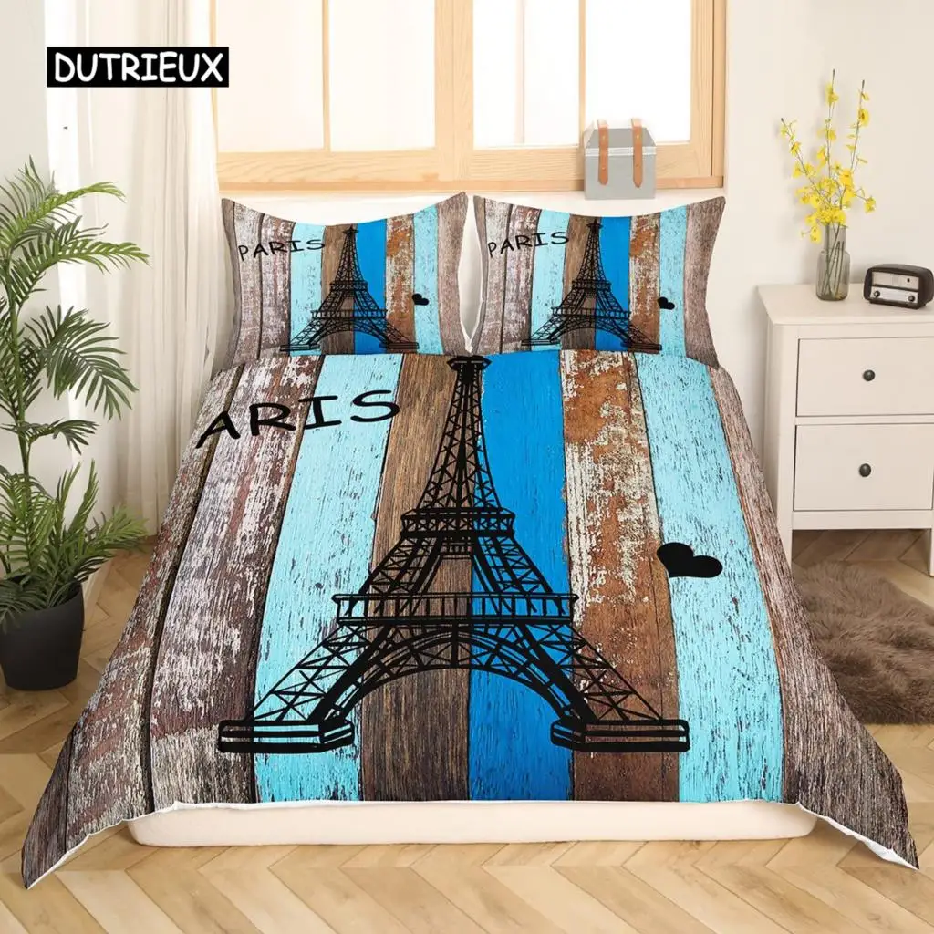 Eiffel Tower Duvet Cover Set King Size Paris Tower Bedding Set for Boy Girl Polyester Paris Cityscape Wooden Texture Quilt Cover