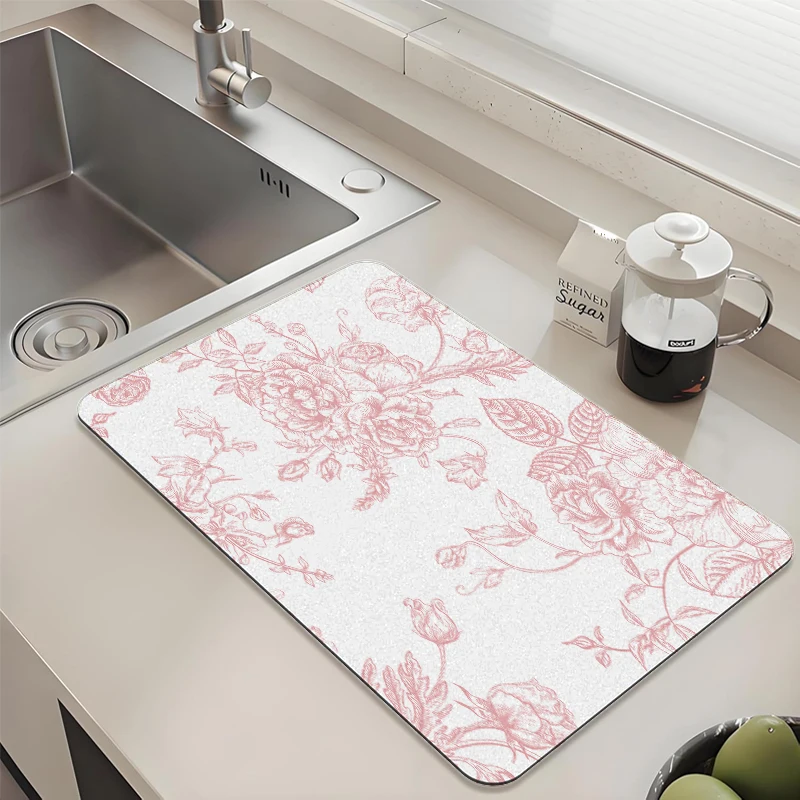 

Pink Rose Pattern Kitchen Drying Mat - Absorbent Non-Slip Quick Dry Pad for Sink Countertop