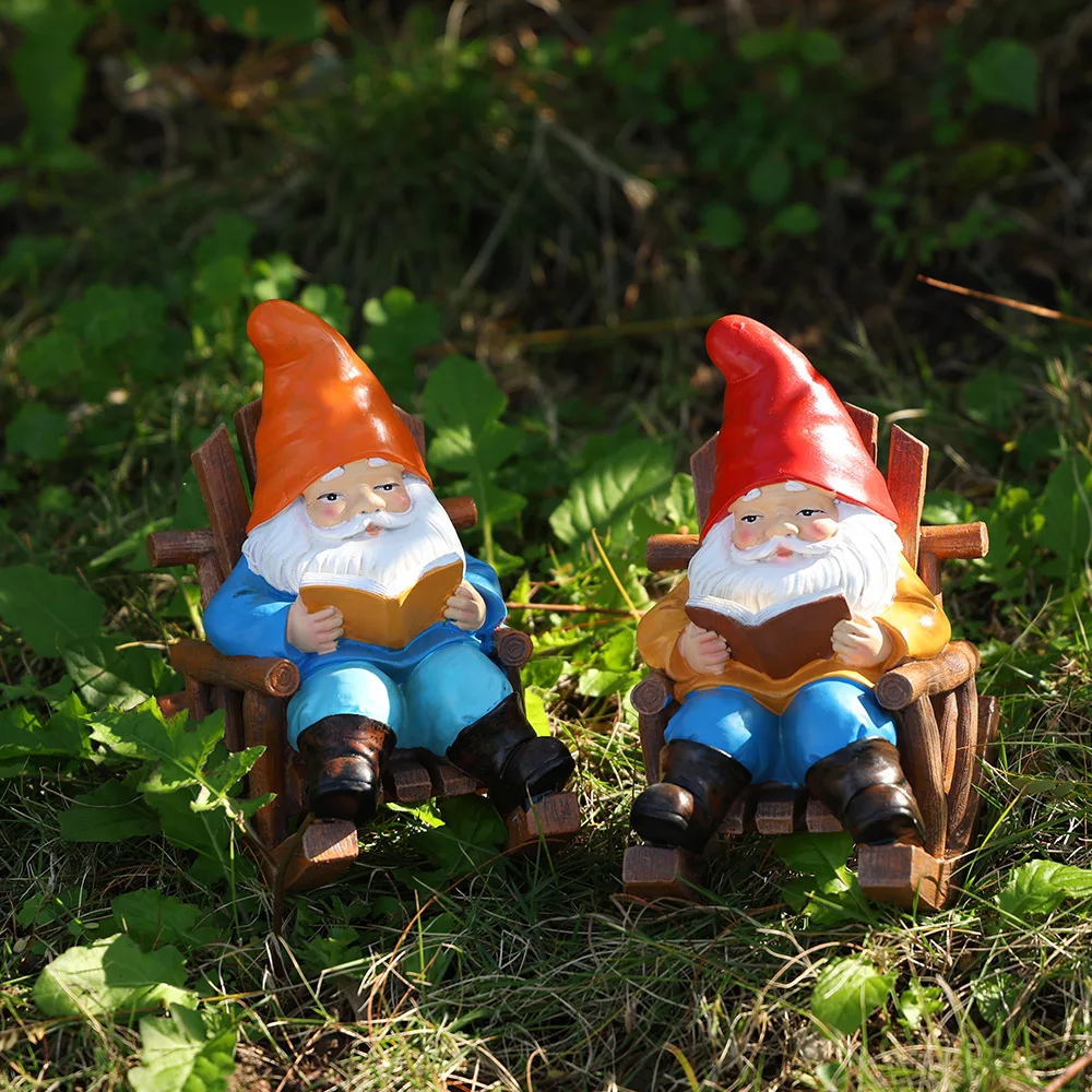 

Funny Figurines Christmas Rocking Chair Reading Dwarf Cartoon Resin Craft Home Garden Decor for Fairy Tale Miniature Ornament