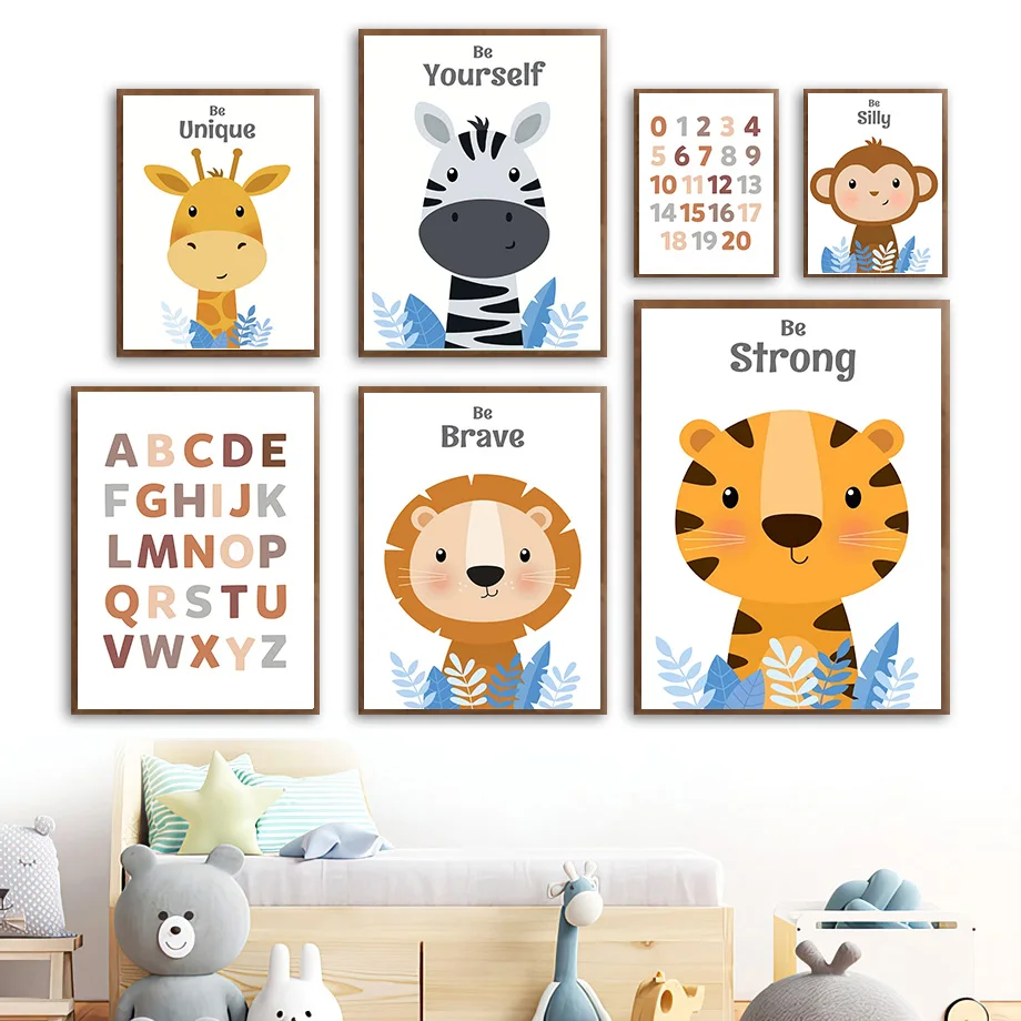 Tiger Lions Giraffes Zebra Number Alphabet Baby Wall Art Canvas Painting Nordic Posters And Prints Wall Pictures Kids Room Decor