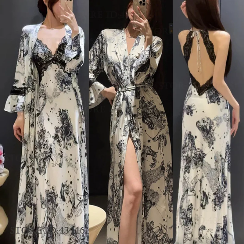 

Элегантный комплект женского длинного халата с цветочным принтом, сексуальная ночная сорочка с кружевной спинкой, летняя новая атласная домашняя одежда, пижама