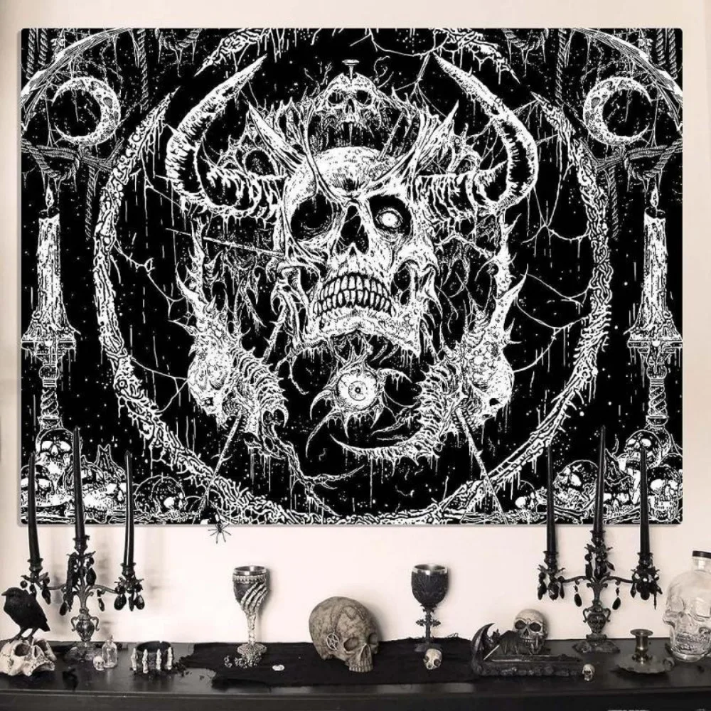 VIKAMA Gothic Totenkopf-Wandteppich, Trippy Schlafzimmer-Kopfteil-Dekoration, Schwarz-Weiß Boho Heimkunst