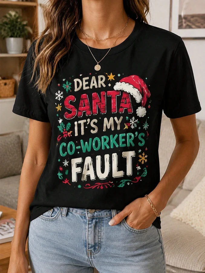 2026 Fashion New Arrival Funny Christmas Coworker Gift T Shirt Women Dear Santa It's My Co-Worker's Fault Slogan Print Black Crew Neck Short Sleeve Holiday Casual Basic T-Shirt