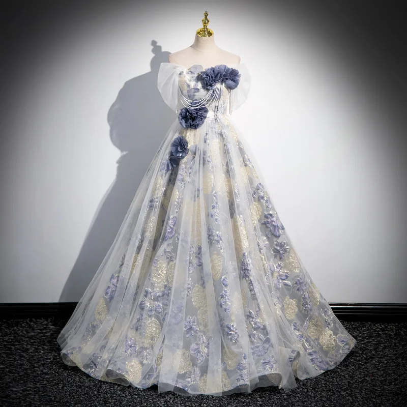 French Evening Dress Heavy Industry Niche Annual Meeting Host Solo Singing Forest Style Fairy Yarn Dress Vocal Art Exam Dress