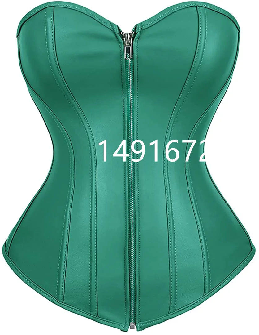 Corset de couro sapubonva rendas acima do zíper brilhante espartilhos bustier overbust burlesque trajes corpo shaper sexy feminino mais tamanho preto