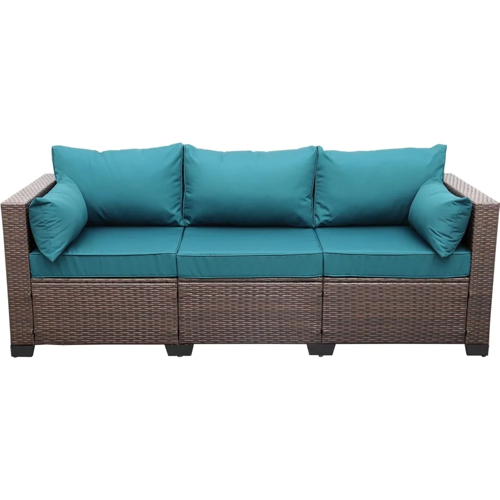 Patio Couch PE Wicker 3-Seat Outdoor Brown Rattan Sofa Deep Seating Furniture with Non-Slip Peacock Blue Cushion