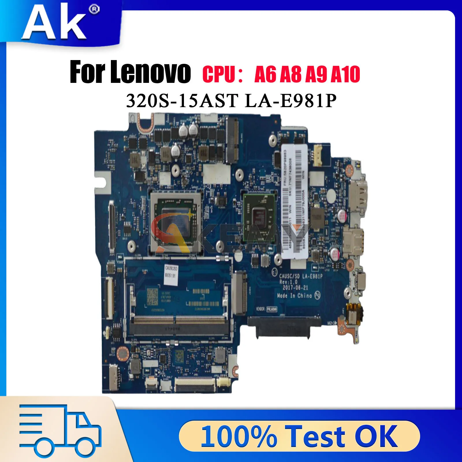 A6 A9 CPU UMA 노트북 마더보드가 장착된 Lenovo Ideapad 320S-15AST용 LA-E981P 100% 테스트 완료 OK