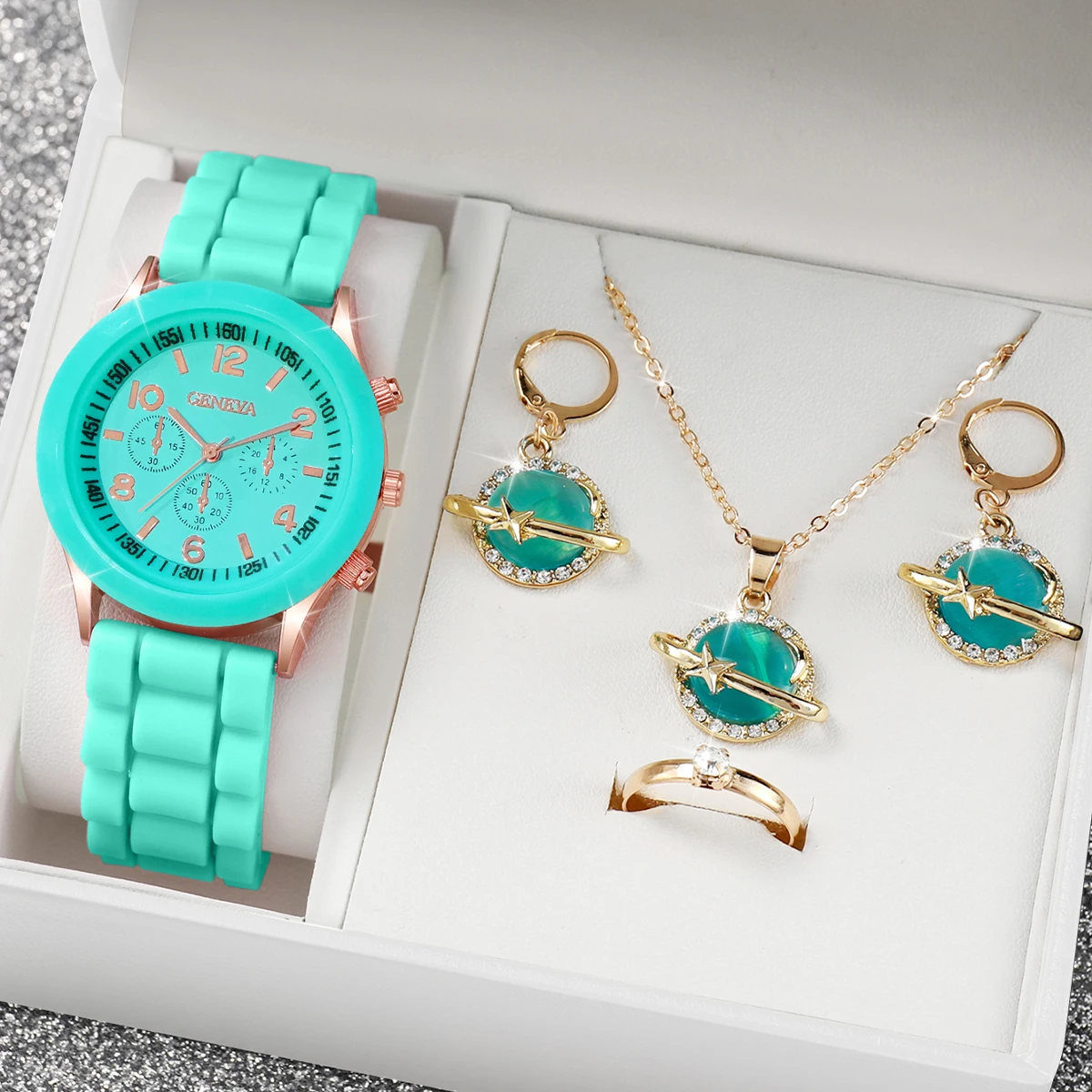 5pcs/Set Mint Green Fresh Fashion Watch Three Eye dial Silicone strap Quartz Watch Cat Eye Jewelry Set