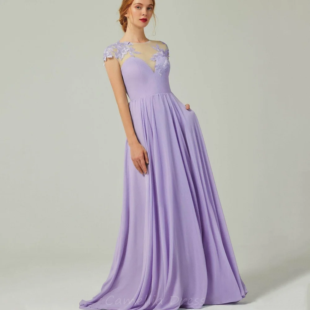 

Mother of the Wedding Dress Customized A Line Chiffon Cap Sleeve Formal Gown O Neck Applique Evening robe invitée mariage