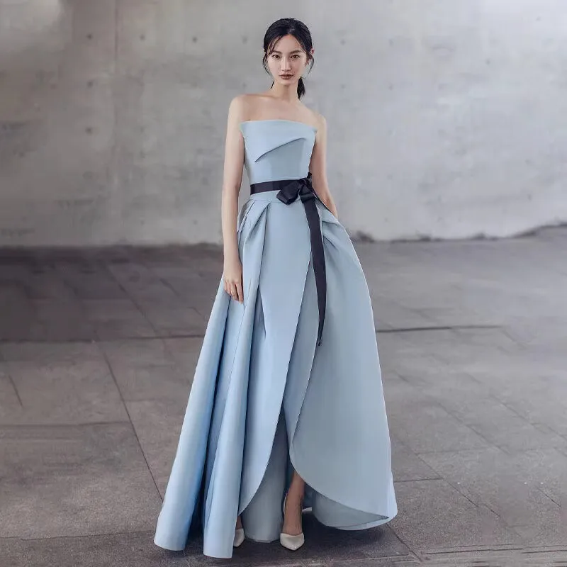 

Luxury Simple Light Blue Satin Prom Dress Women Floor Length Black Bow Strapless Sleeveless Irregular Clipping Vestidos De Fiest