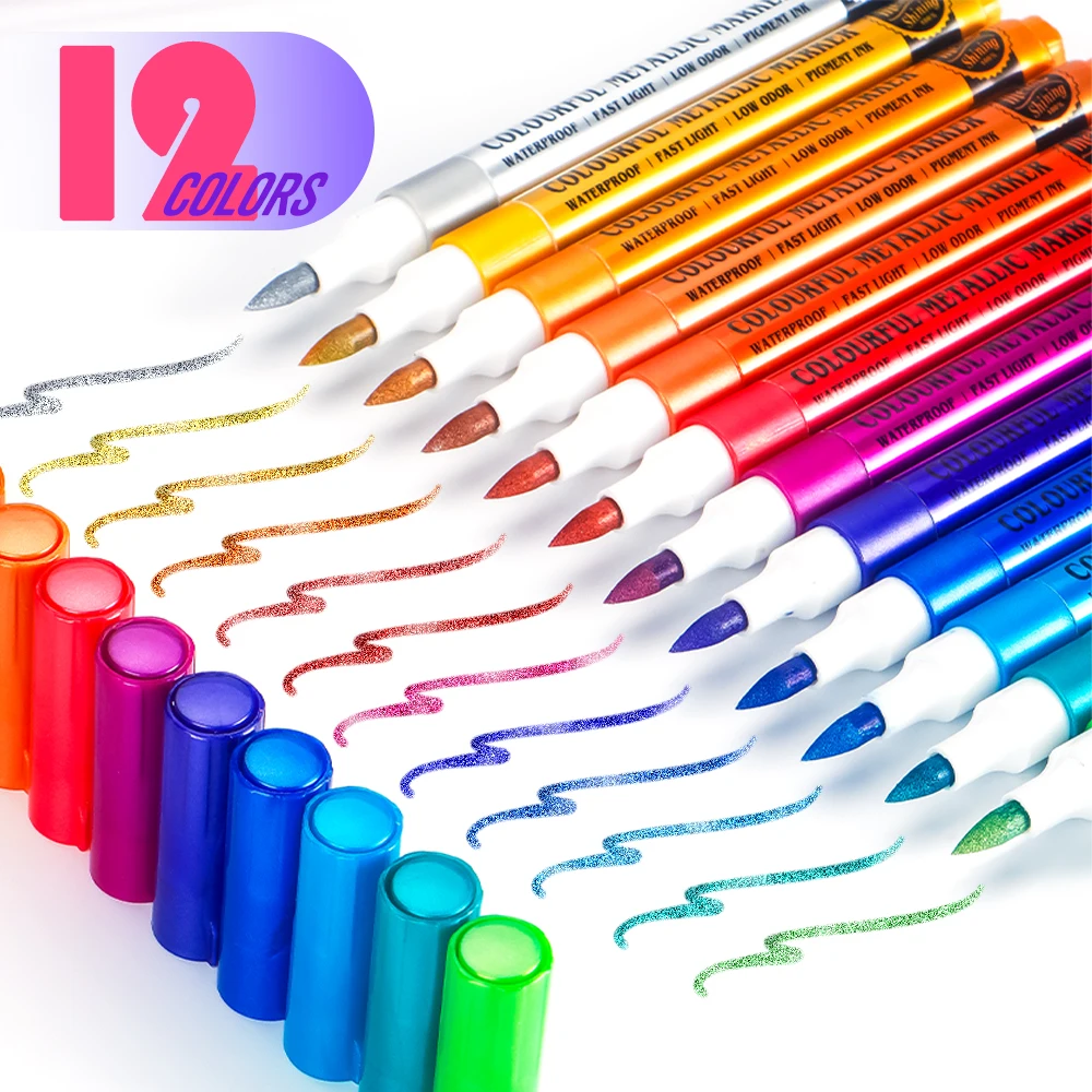 12 Colors Metallic Markers Set Waterproof Non toxic DIY Projects Rock Art Glass Decorative Painting Quick Dry DIY Paint Supplies