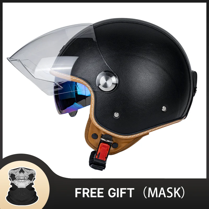 

Роскошный мотоциклетный шлем с открытым лицом, отделка из натуральной кожи, черная отделка, сочетающийся в премиум-стиле с защитными стандартами, унисекс