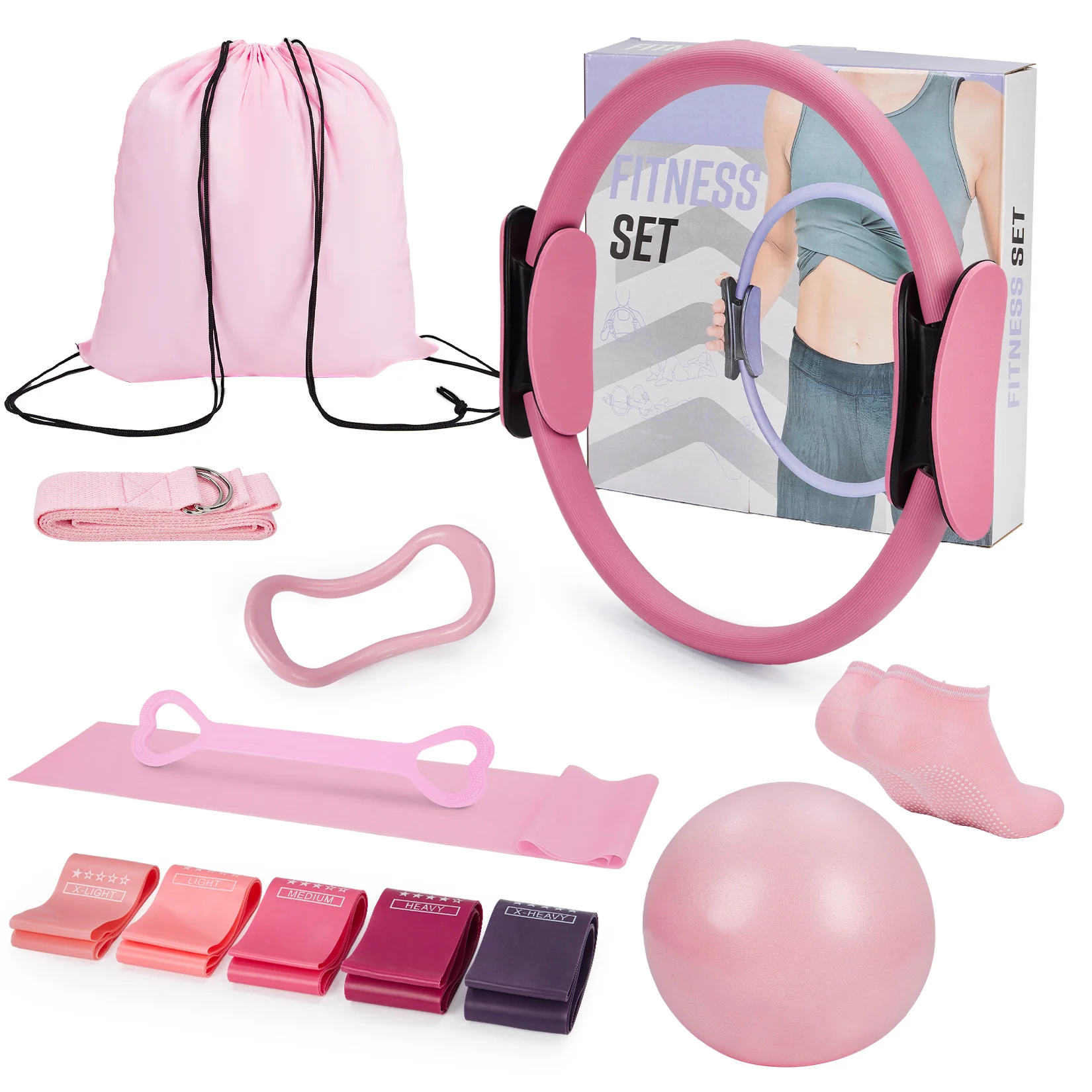 13-Piece Pilates Kit for Women – Complete Home Exercise Set with Pilates Ring, Resistance Bands, Mini Ball & Magic Circle – Full Body Workout Equipment for Beginners – Portable Pilates Accessories, Purple or Pink