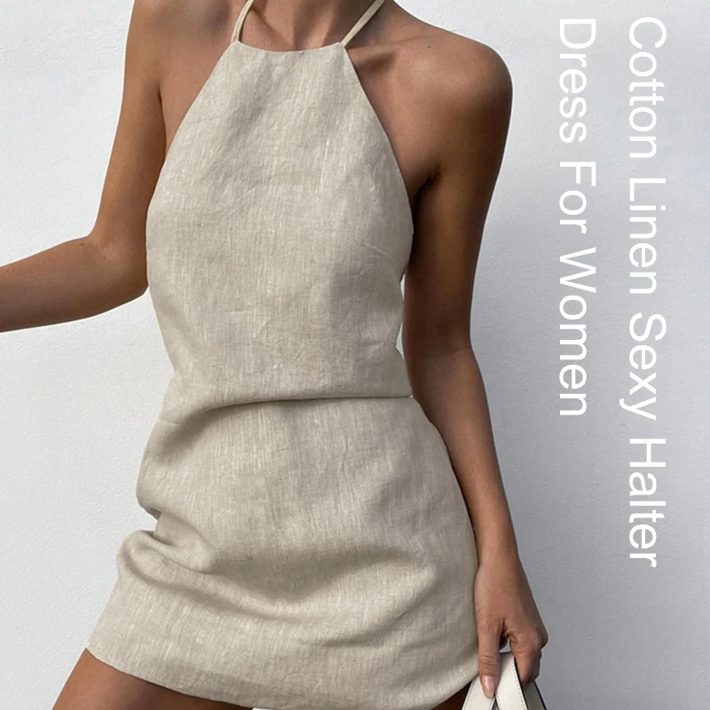 

Summer Linen Women's Dress Sleeveless Sexy Backless Solid Color Side Zipper Mini Dresses vestidos para mujer vestidos，321369WLV