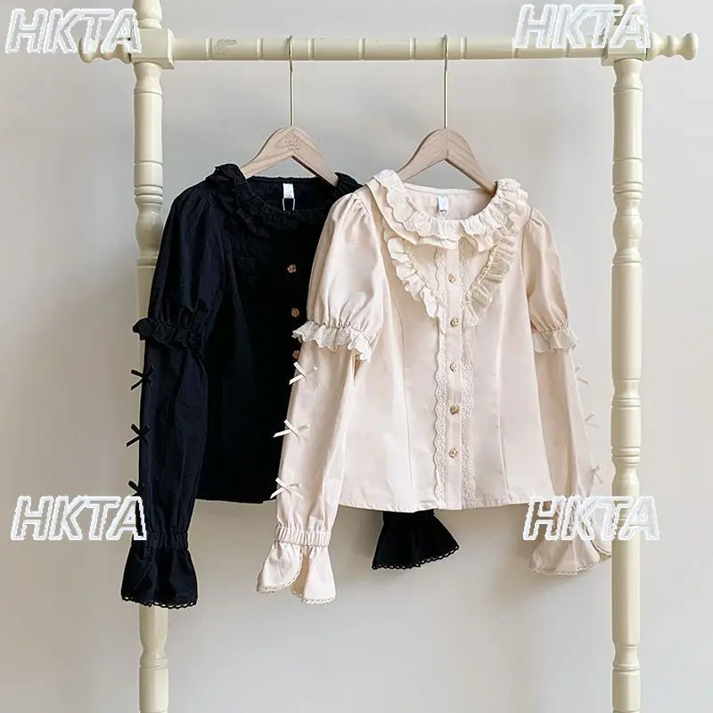 

Japanese Cute Lolita Crew Neck Splicing Long Sleeve Black Shirt Tops Womens Sweet Lace Bow Fungus Folds Loose Blusas for Ladies