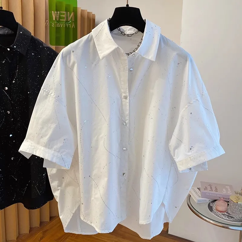

SuperAen New Summer Korean Style Black Fashion Print Short-sleeved Shirt European and American Style Single Breasted Loose Shirt