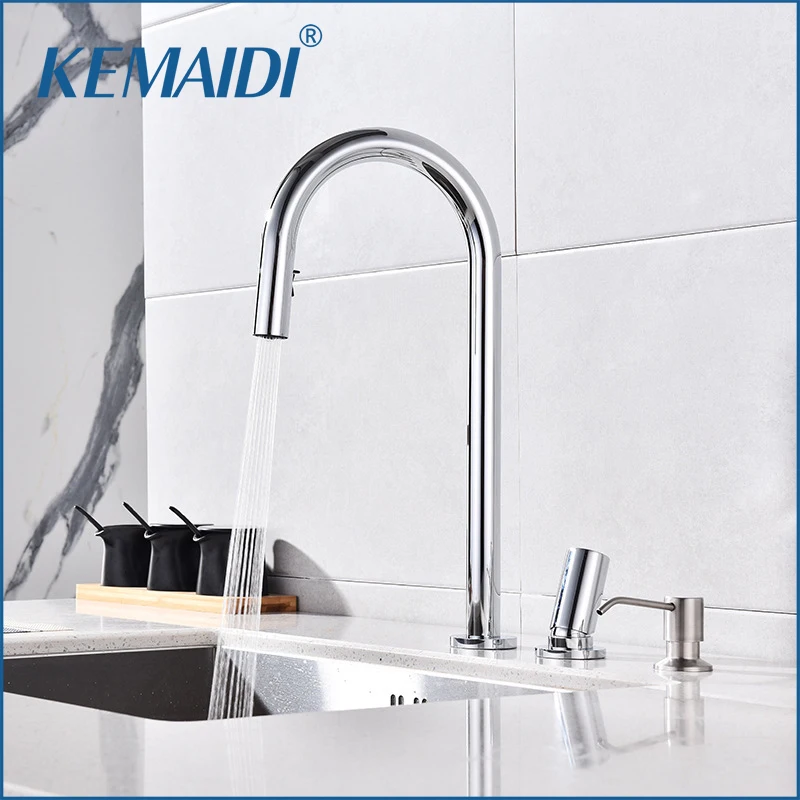 KEMAIDI سحب أسفل صنبور حوض المطبخ مقبض واحد ثقب مزدوج خلاط المياه الساخنة والباردة النحاس سطح الخيالة صنبور المطبخ الحنفية