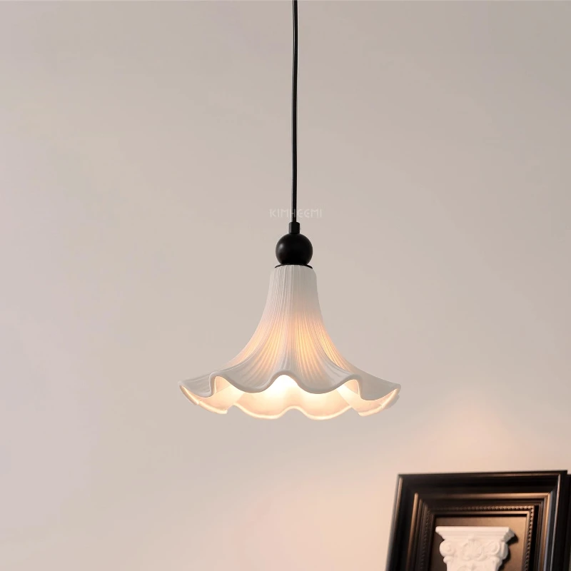 

French White Flower Shape Ceramics E27 Pendant Lights LED Dimmable Living Room Bedroom Restaurant Kitchen Long Line Hanging Lamp