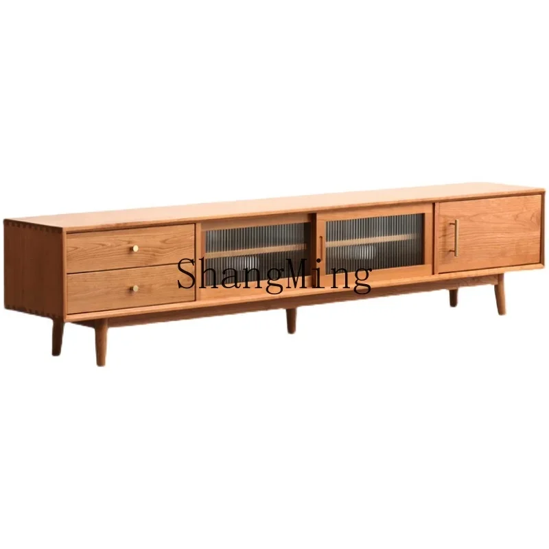 ZZJ cherry wood solid wood TV cabinet small apartment living room high value log color oak simple locker floor cabinet