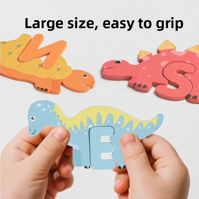 木製の創造的な恐竜の26文字、幼児教育パズルおもちゃ、啓蒙学習ゲーム、子供の教育