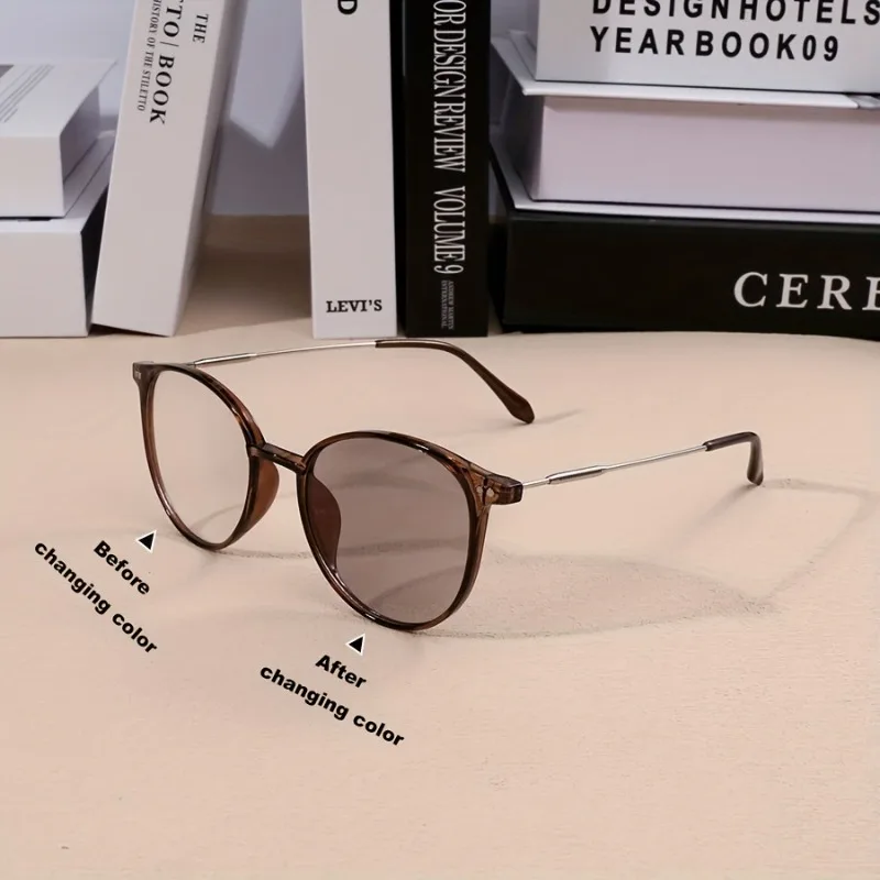 

Новые очки с датчиком света и изменением цвета для женщин и мужчин, круглая оправа, модные, HD, с защитой от синего света, фотохромные