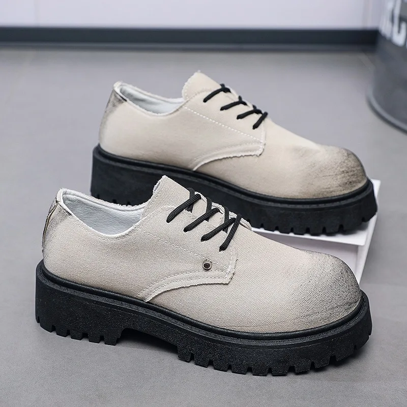 Thick Sole Men's Shoes Retro Canvas Derbies Shoes Big Round Toe Male Ankle Boots Hot Selling British Personality Tooling Shoes