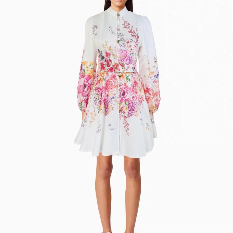 Retro Spódnica Midi z Kwiatowym Nadrukiem, z Paskiem, Zapinana na Jeden Guzik, z Poliestru, Krój Latarnia, dla Kobiet