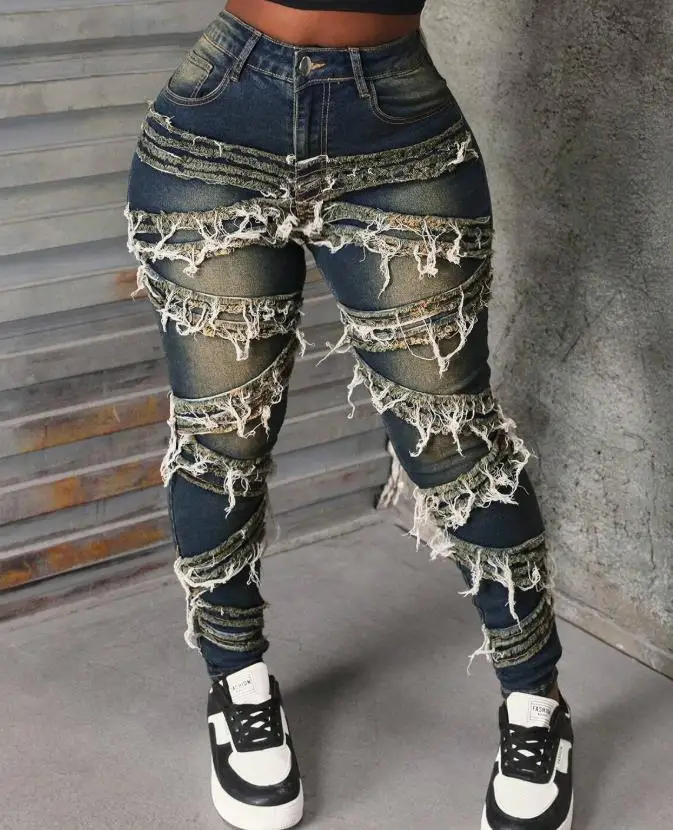 

Women's Jeans Blue Washed Tassel Denim Pants Are Fashionable and Slimming Hip-Hop Retro Denim Pants Street Fashion Ripped Jeans