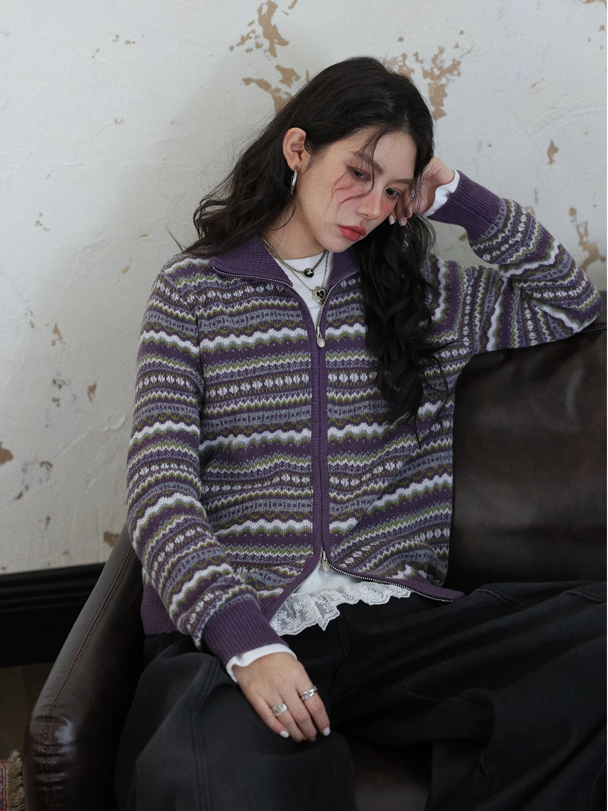 

Retro Fair Isle Zipper Collar f High Ne Knitted Sweater Open Cardigan Women's Autumn Winter Top Striped Long Sve