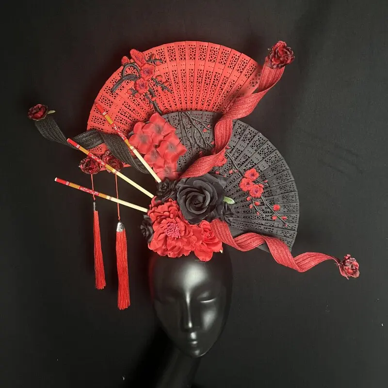 New Chinese Style Red Flower Butterfly Fan Stage Model Runway Show Studio Headwear Female