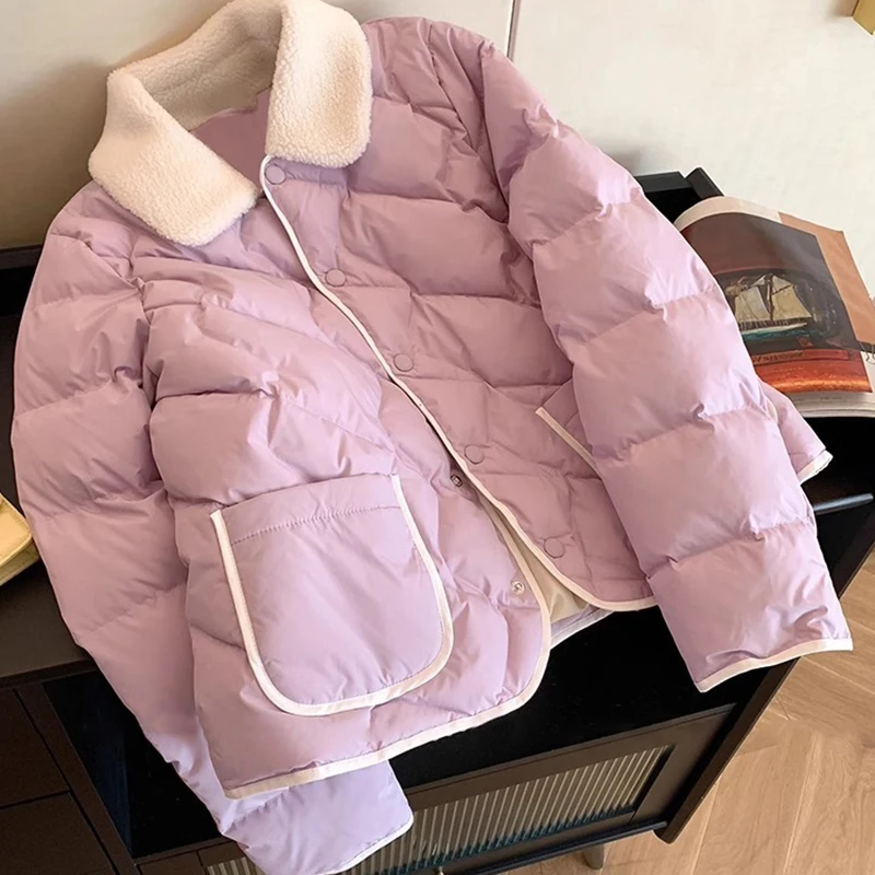 

Lambswool Splicing Lapel Outerwear Women's Leisure Fashionable Cotton Coat Female Winter Korean-style Thickened Thermal Jacket