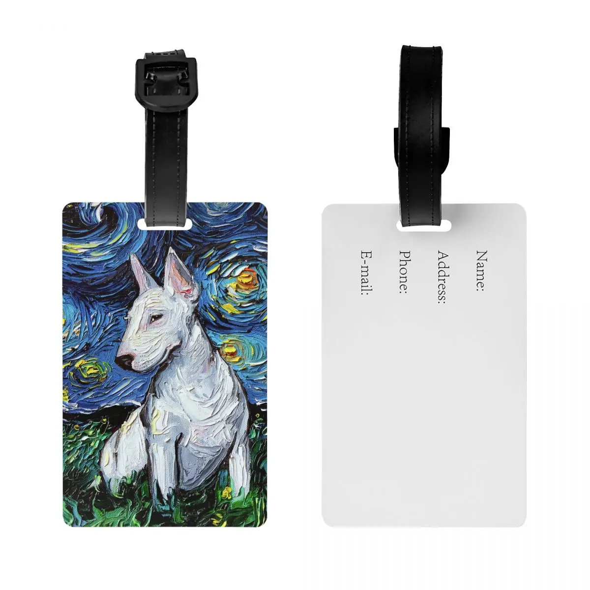 Tag bagagem com o Nome ID Card, Tag bagagem, Noite Estrelada, Bull Terrier para Malas, Cute Pet Lover, Bagagem Tags, Capa de Privacidade