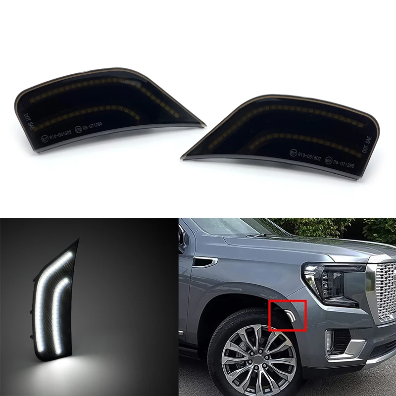 Guardabarros de parachoques delantero, luz LED de posición lateral blanca para GMC Yukon 2021 2022, Chevrolet, Suburban Tahoe, Cadillac Escalade ESV