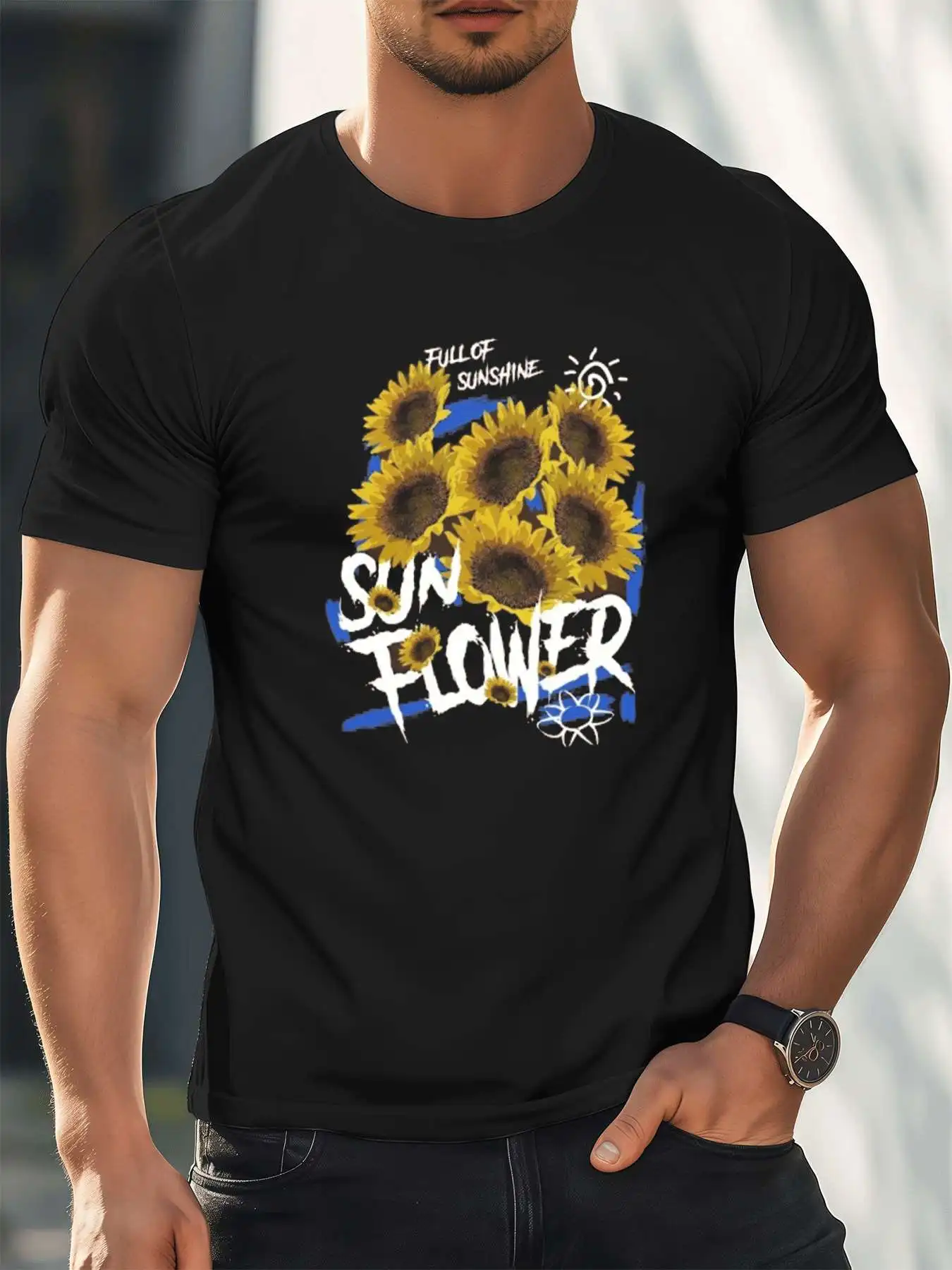

Sunflower Graphic Mens Tee Men's 220gsm New Summer Casual Crew Neck Pure Cotton Short-Sleeved T-Shirt
