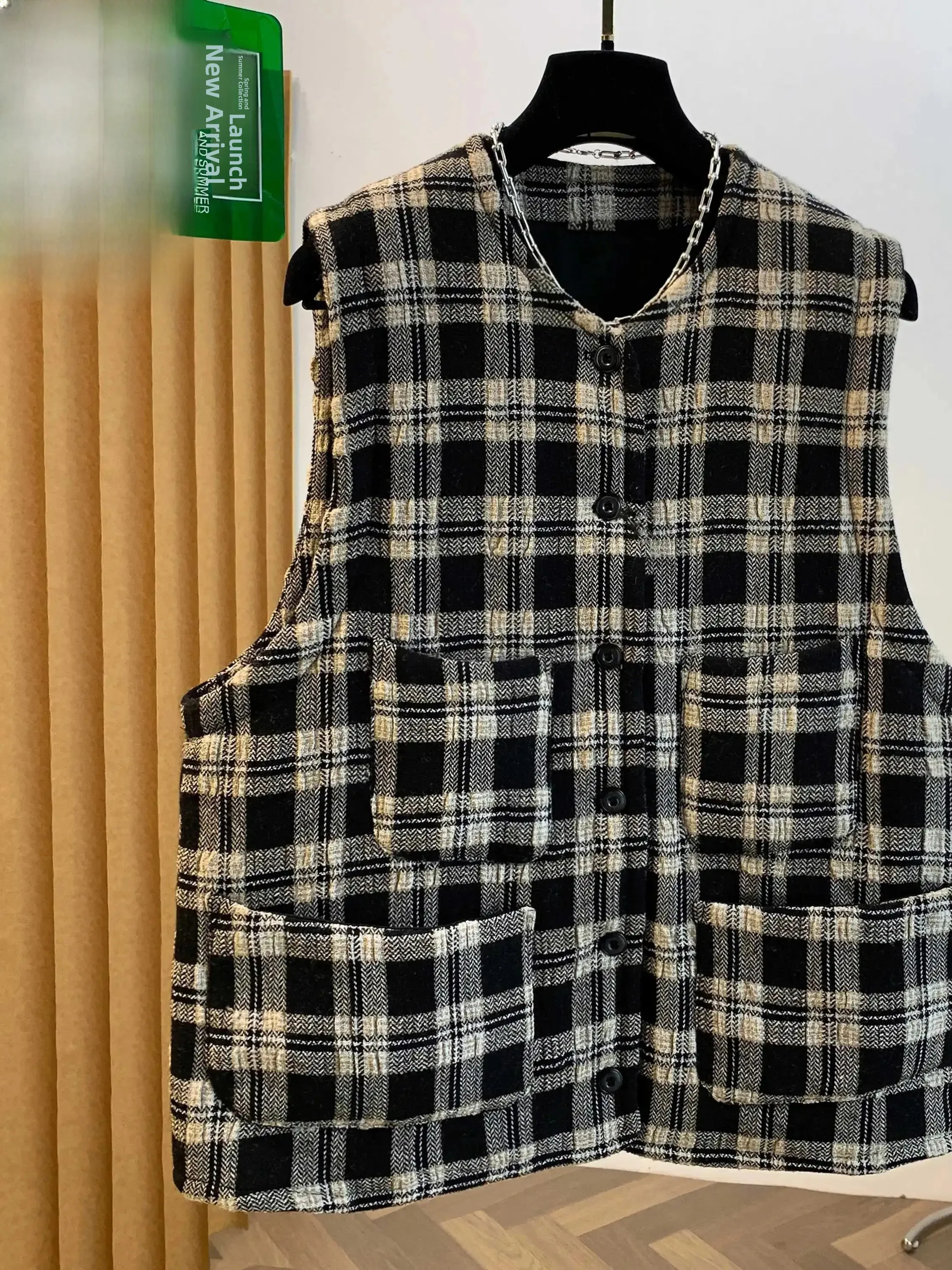 Winter Plaid Cotton Vest Outerwear Large Size Women Loose Slimming Layering Shoulder Warmth Vest Top Retro Style Commute