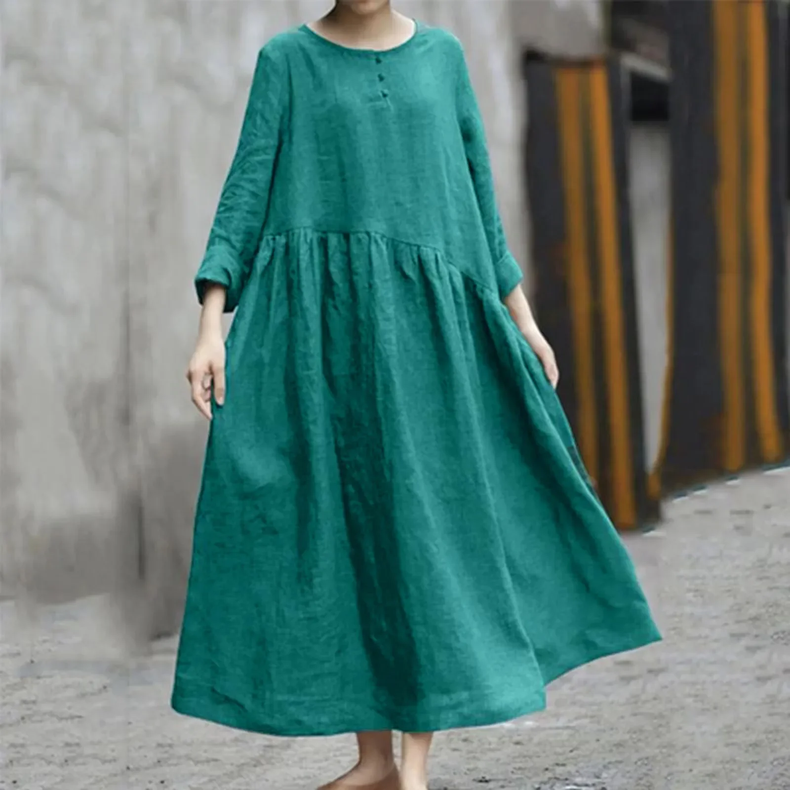 Vintage Jednokolorowe Bawełniane Sukienki Lniane dla Kobiet Luźne Guziki Kieszenie z Długim Rękawem Sukienka Boho Robe O Neck Femme Vestidos