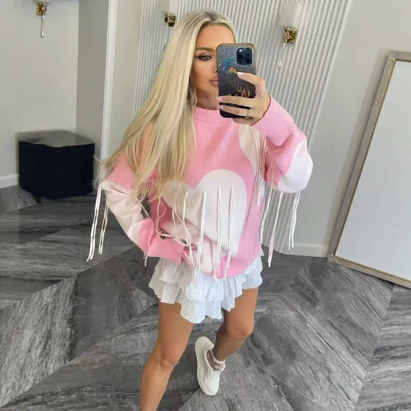 

Autumn Winter Women's Knitted Sweater irt Ladies Top Polyester Fiber Splice Sle Overhead Wearing Ladies Faion