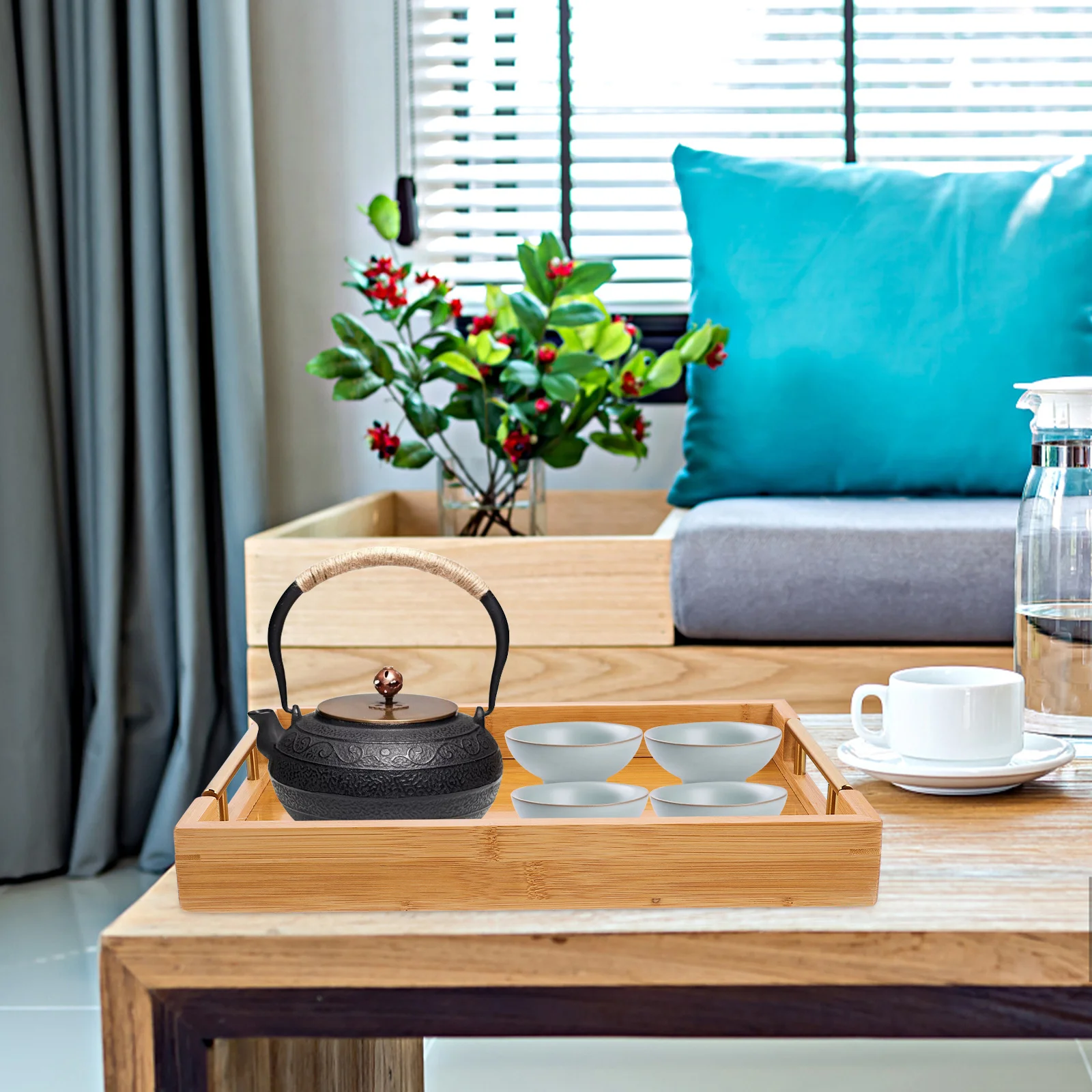 

Bamboo Tray With Metal Handle Rustic Style Large Capacity Serving Tray For Tea Snacks Fruits Desserts Breakfast Home