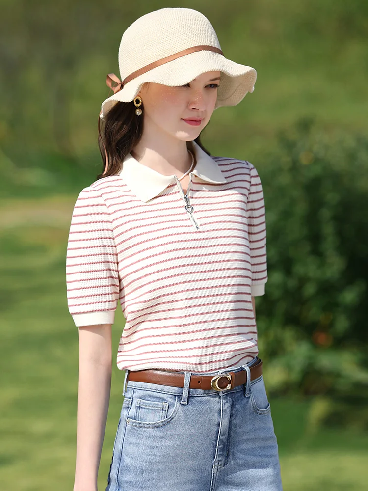 I BELIEVE YOU Striped Short-sleeve Women Polo Neck T-shirt 2024 Summer New Office Lady Basics Slim Trendy Female Tops 2242015690