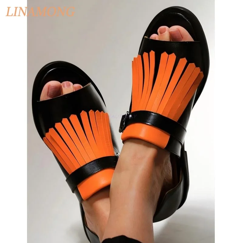 Women Fringe Flat Sandals Open Toe Contrast Color Fringe Decor Metal Buckle Ankle Strap Daily Outdoor Vacation Fashion Sandals