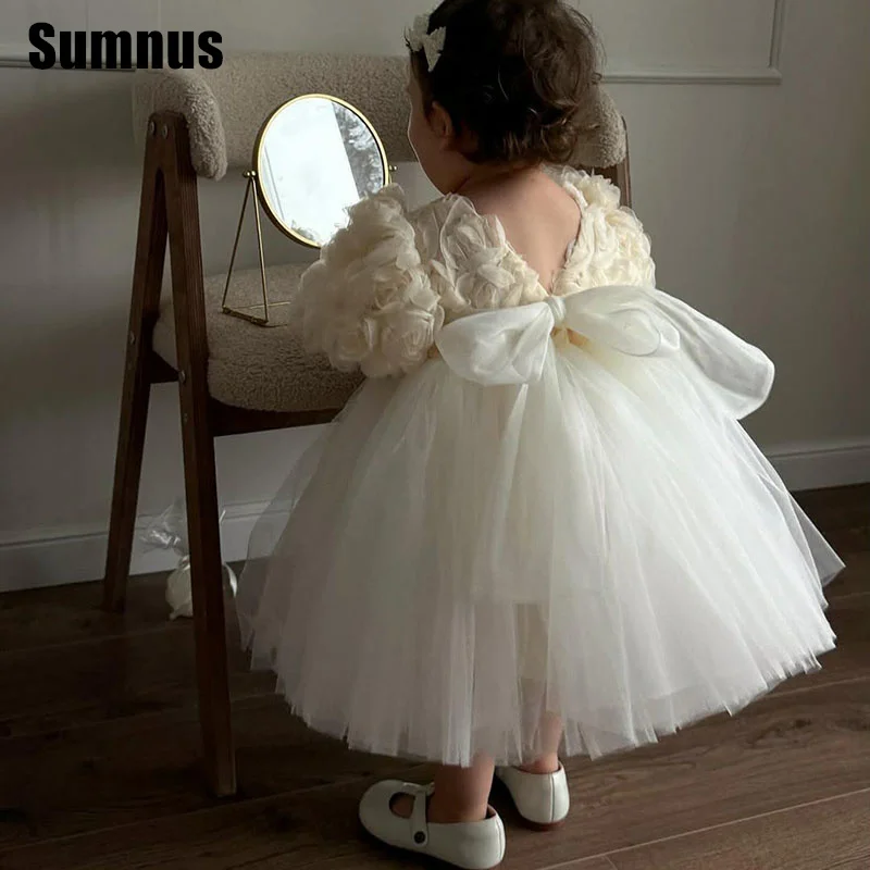 sumnus-–-robe-de-mariee-trapeze-a-fleurs-pour-filles-col-rond-longueur-the-demi-manches-nœuds-personnalisee