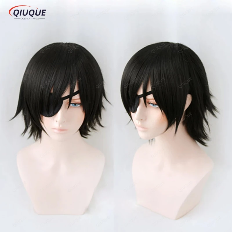 High Quality Anime Cosplay Himeno Cosplay Wig Short Black Heat Resistant Synthetic Hair Wigs + Wig Cap + Eyepatch