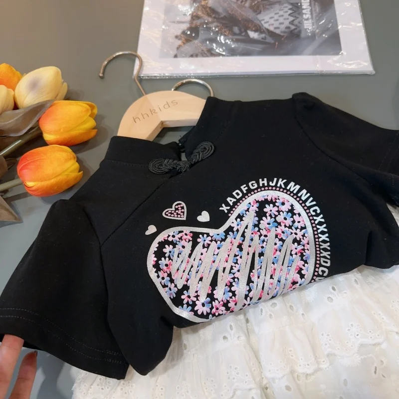 New Girl's Love Short SleeveTT-shirt Suit2024New Western Style Top Cake Dress Children Two-Piece Set