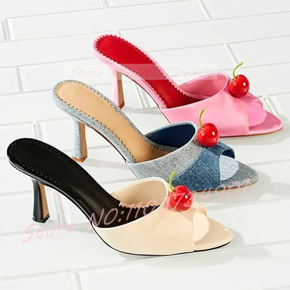 

Cherry Satin Dress Slide Sandals Lady Outdoor Pink Pointed Toe Slip-on Heeled Slippers Women Sexy Party Summer Open Toe Slippers
