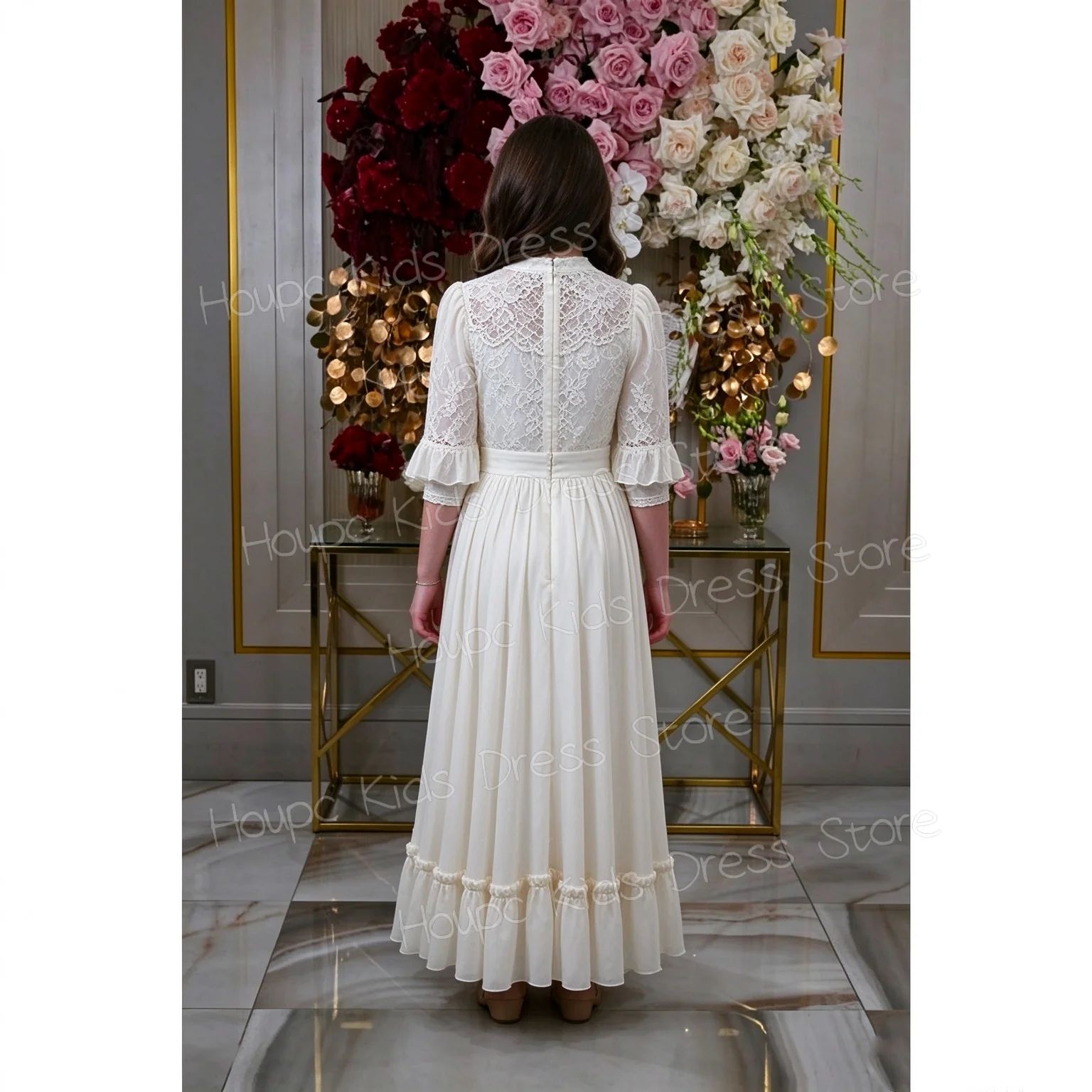 Custom Ivory Lace Flower Girl Dress for First Communion High Neck Bell Sleeve A-Line Gown Customizable Kids Wedding Party