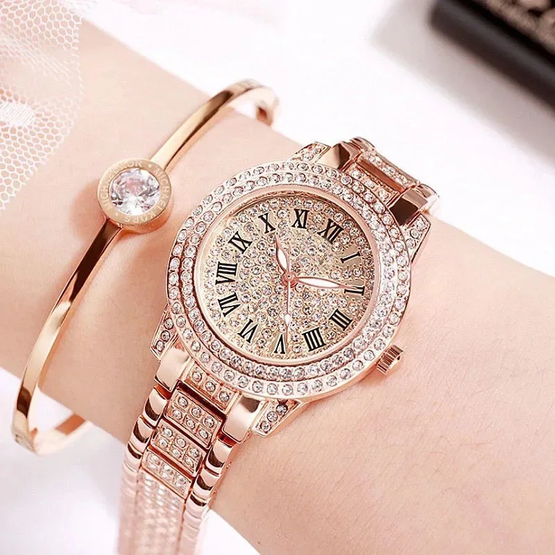 Women's Quartz Watch Full Diamond Starry Sky Design Roman Numeral Ladies Wristwatch Lightweight Luxury Diamond Studded Watches