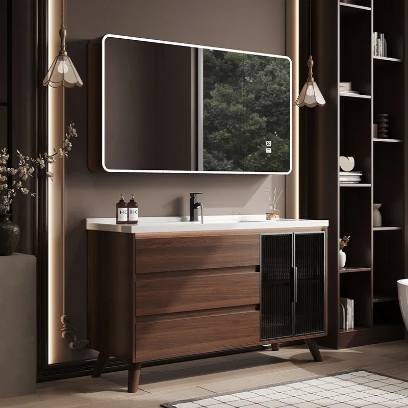 

New Chinese walnut color bathroom cabinet combination bathroom ceramic integrated floor type hand wash face basin set