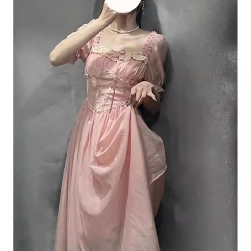 Tee pause elegantes Temperament Mode rosa Puff ärmel Kleid