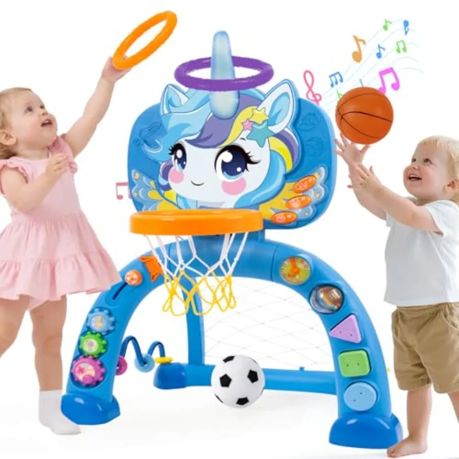 Unicorn Sports Play Set for Toddlers Basketball Hoop and Soccer Goal with Ring Toss Indoor Outdoor Activity Center Toy for 1-3